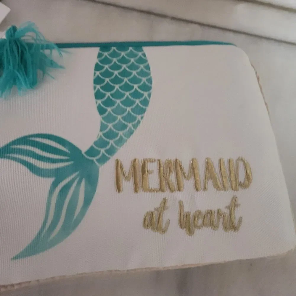 Mermaid At Heart Cream Turquoise Gold Zip Pocket Cosmetics Bag Pouch NEW